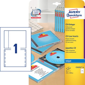 Avery Zweckform C32251-25, CD Einleger für Standard Jewel Box, Deckel- und Rückeinleger auf einem Blatt, für Inkjet-Drucker , 25 Blatt = 25 Karten