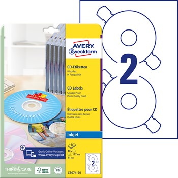 Avery Zweckform C6074-20, CD Etiketten ClassicSize, Durchmesser 117 mm, 20 Bögen (= 40 Etiketten), hochglänzend, nur für Inkjet