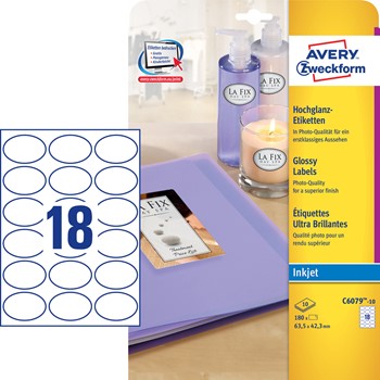 Avery Zweckform C6079-10, Etiketten 63,5x42,3 mm, 10 Bögen (= 180 Etiketten), oval, glänzend, nur für Inkjet