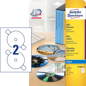 Avery Zweckform C9780-15, DVD optimierte Spezialetiketten aus weißer Folie Formstabil bis 170grad., 15 Bögen
