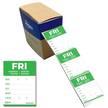 Avery Tages-Etiketten FRI Freitag, 40 x 56 mm, 500 Etiketten / 1 Rolle, Grün (Avery Zweckform DLDFRIREV-500)