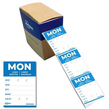 Avery Tages-Etiketten MON Montag, 40 x 56 mm, 500 Etiketten / 1 Rolle, Blau (Avery Zweckform DLDMONREV-500)