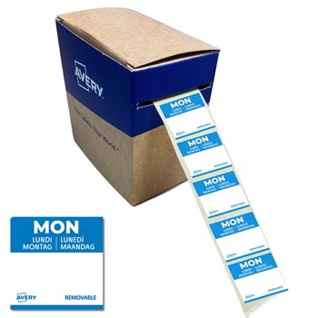 Avery Tages-Etiketten MON Montag, 25 x 25 mm, 1.000 Etiketten / 1 Rolle, Blau (Avery Zweckform DLSMONREV-1000)