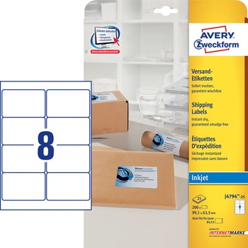 Avery Zweckform J4794-25, Inkjetetiketten 99,1x63,5 mm, 25 Bögen (= 200 Etiketten), spezialbeschichtet, Stampit geeignet, nur für Inkjet