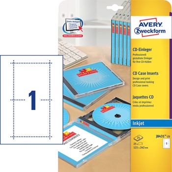 Avery Zweckform J8431-25, CD Einleger 121x242 mm, 25 Bögen (= 25 Einleger), spezialbeschichtet, nur für Inkjet