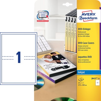 Avery Zweckform J8437-25, DVD-Einleger, 273x183mm auf A4, spezialbeschichtet für Inkjet, 25 Bögen