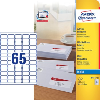 Avery Zweckform J8651-25, Etiketten 38,1x21,2 mm, 25 Bögen (= 1625 Etiketten), spezialbeschichtet, nur für Inkjet