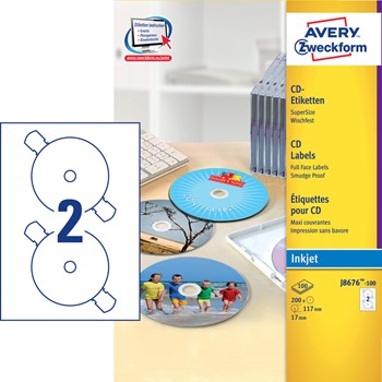 Avery Zweckform J8676-100, CD Etiketten SuperSize, Durchmesser 117 mm, 100 Bögen (= 200 Etiketten), spezialbeschichtet, nur für Inkjet