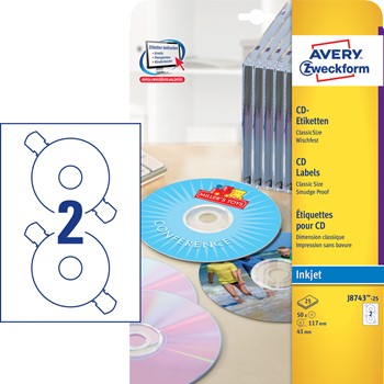 Avery Zweckform J8743-25, CD Etiketten, ClassicSize, No-Touch Technologie, Inkjet, Durchmesser 117 mm, 25 Bögen (= 50 Etiketten), nur für Inkjet