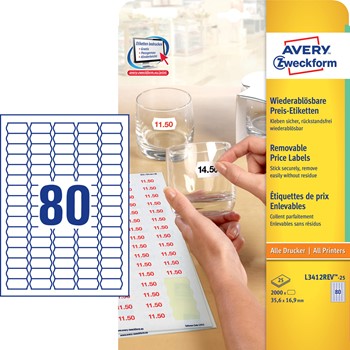 Avery Zweckform L3412REV-25, Wiederablösbare Preisetiketten 36,2 x 16,9 mm, 25 Bögen (= 2000 Etiketten), wiederablösbar, Multiprint