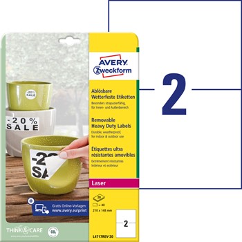 Avery Zweckform L4717REV-20, Wetterfeste Folien-Etiketten,  210 x 148 mm, strapazierfähig, Polyesterfolie, 20 Bögen (= 40 Etiketten), weiß, wiederablösbar, nur für Laserdrucker