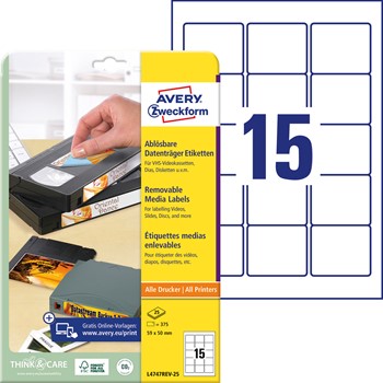 Avery Zweckform L4747REV-25, ZIP-Disketten-Etiketten 59x50 mm, 25 Bögen (= 375 Etiketten), wiederablösbar, für ZIP-Disketten, Multiprint