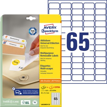 Avery Zweckform L6026REV-25, Wiederablösbare Universal-Etiketten, A4, 38,1 x 21,2 mm, 1.950 Etiketten / 30 Bögen, Weiß