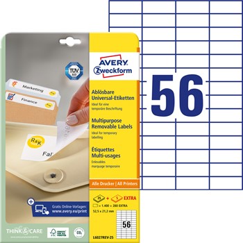 Avery Zweckform L6027REV-25, Wiederablösbare Universal-Etiketten, A4, 52,5 x 21,2 mm, 1.680 Etiketten / 30 Bögen, Weiß