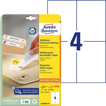 Avery Zweckform L6028REV-25, Wiederablösbare Universal-Etiketten, A4, 105 x 148 mm, 120 Etiketten / 30 Bögen, Weiß