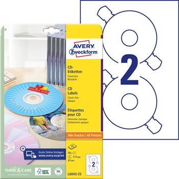 Avery Zweckform L6043-25, CD Etiketten ClassicSize, Durchmesser 117 mm, 25 Bögen (= 50 Etiketten), Multiprint