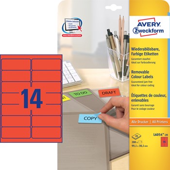 Avery Zweckform L6054-20, Etiketten 99,1x38,1 mm, 20 Bögen (= 280 Etiketten), rot, wiederablösbar, Multiprint