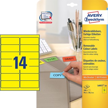 Avery Zweckform L6057-20, Etiketten 99,1x38,1 mm, 20 Bögen (= 280 Etiketten), gelb, wiederablösbar, Multiprint