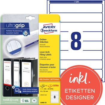 Avery Zweckform L6060-25, Ordner-Etiketten 192x34 mm, 25+5 Bögen (= 200+40 Etiketten), kurz, weiß, für z.B. Elba, Biella, Mehle, Multiprint, ultragrip