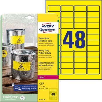 Avery Zweckform L6103-20, Wetterfeste Folienetiketten 45,7x21,2 mm, 20 Bögen (= 960 Etiketten), Polyester, gelb, nur für Laser/Kopierer