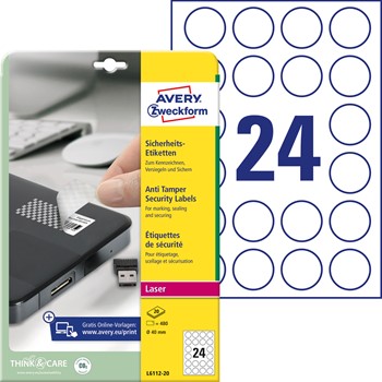 Avery Zweckform L6112-20, Sicherheitsetiketten Durchmesser 40 mm, 20 Bögen (= 480 Etiketten), Polyester, weiß, nur für Laserdrucker