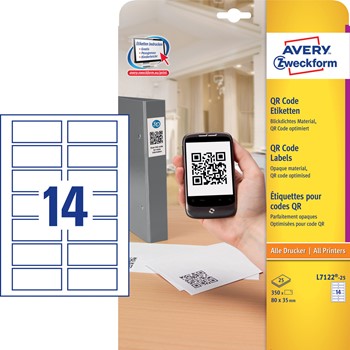 Avery Zweckform L7122-25, QR Code Etiketten, weiss, blickdicht, 80x35mm, 25 Blatt (=350 Etiketten)