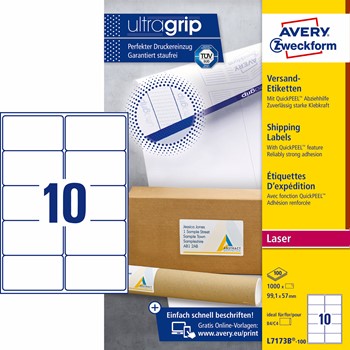 Avery Zweckform L7173B-100, Etiketten, 99,1x57 mm, 100 Bögen (= 1000 Etiketten), runde Ecken, Stampit geeignet, Multiprint, ultragrip
