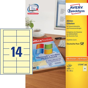 Avery Zweckform L7250-300, Adressetikett gelb 85 x 40mm für Postvertriebsstücke und Pressesendungen, 300 Bögen (=4200 Etiketten)