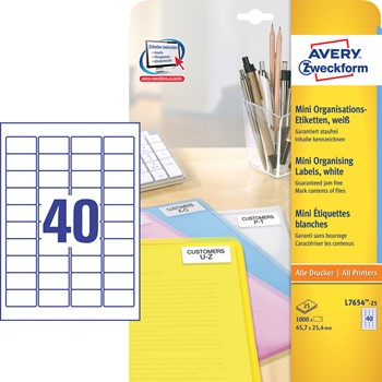 Avery Zweckform L7654-25, Etiketten 45,7 x 25,4 mm, 25 Bögen (= 1000 Etiketten), Multiprint