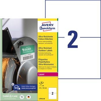 Avery Zweckform L7916-40, Ultra-Resistente Folien-Etiketten, 210 x 148 mm, extrem widerstandsfähig, 40 Bogen/80 Etiketten, weiß