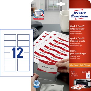 Avery Zweckform LR4726-20, Einsteckschilder, 40 x 75 mm, Quick&Clean, weiß, 220 g, 20 Bögen (= 240 Schilder)