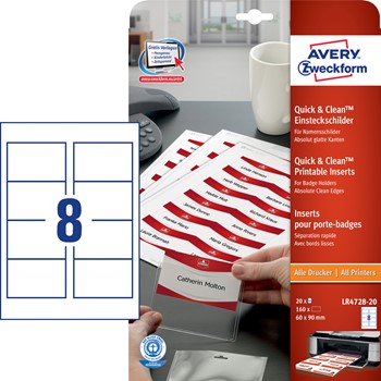 Avery Zweckform LR4728-20, Einsteckschilder, 60 x 90 mm, Quick&Clean, weiß, 220 g, 20 Bögen (= 160 Schilder)