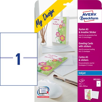 Avery Zweckform MD2001, Inkjet-Glückwunschkarten A5, mit Umschlägen 170g, 10 Blatt / 10 Karten