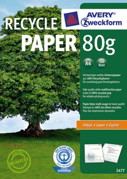 Avery Zweckform 2477, Recycling Inkjet- und Laser-Papier, aus 100% Recyclingfasern, weiß, A4, 80 g, blanko , 500 Blatt