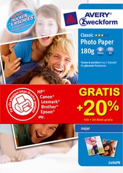 Avery Zweckform 2496PR, Promopack Classic Inkjet-Photo-Papier, glänzend, A4, 180 g, 100 + 20 Blatt