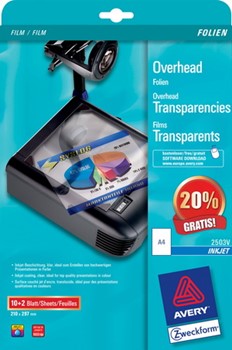 Vorteilspackung: Avery Zweckform Overhead-Folien für Inkjet-Drucker, A4, klar, beschichtet, stapelverarbeitbar, 0,11 mm, 10+2 Blatt (Avery Zweckform 2503V)