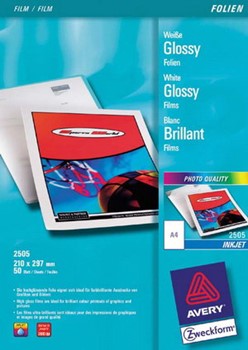 Avery Zweckform 2505, weiße Glossy-Folie, A4, hochglänzend, beschichtet, stapelverarbeitbar, 0,13 mm , 50 Blatt