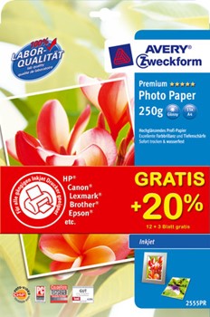 Avery Zweckform 2555PR, Promopack Premium-Inkjet-Photo-Papier, A4, 250 g, Premium glossy, 12 + 3 Blatt