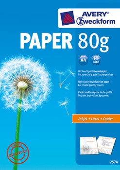 Avery Zweckform 2574, Inkjet- und Laser-Papier, weiß, A4, 80 g, holzfrei, blanko, 500 Blatt