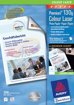Avery Zweckform 26980, Premium Colour Laser Photopapier, beidseitig beschichtet, hochglänzend, A4, 130g, 250 Blatt