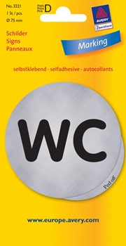 Avery Zweckform 3221, Hinweisschild, silber, Durchmesser 75 mm, selbstklebend, Motiv WC, 1 Stück