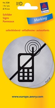 Avery Zweckform 3228, Hinweisschild, silber, Durchmesser 75 mm, selbstklebend, Motiv Kein Handy, 1 Stück