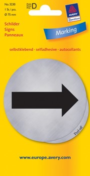 Avery Zweckform 3230, Hinweisschild, silber, Durchmesser 75 mm, selbstklebend, Motiv Pfeil, 1 Stück
