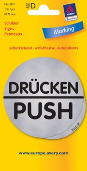 Avery Zweckform 3231, Hinweisschild, silber, Durchmesser 75 mm, selbstklebend, Motiv Drücken/Push, 1 Stück