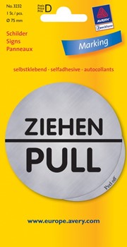 Avery Zweckform 3232, Hinweisschild, silber, Durchmesser 75 mm, selbstklebend, Motiv Ziehen/Pull, 1 Stück