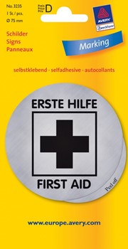 Avery Zweckform 3235, Hinweisschild, silber, Durchmesser 75 mm, selbstklebend, Motiv Erste Hilfe, 1 Stück