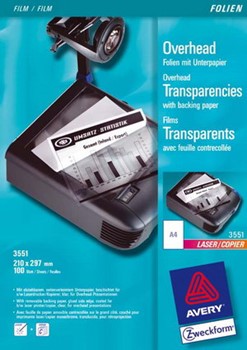 Avery Zweckform 3551, klare Overhead-Folien, A4, beschichtet, stapelverarbeitbar, mit seitenverleimten Unterpapier, 0,10 mm, 100 Blatt