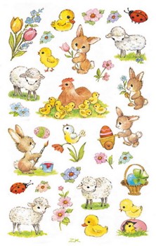 Z-Design 3950, Creative - Österliche Sticker aus bunt bedrucktem Papier mit Glimmerstaub, Motiv Henne und diverse Ostertiere, 2 Bögen