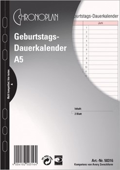 Avery Zweckform 50316, Chronoplan Geburtstagsdauerkalender A5, 2 Blatt