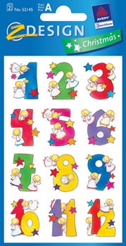 Z-Design 52145, Christmas - Weihnachtliche Sticker aus bedrucktem Papier mit Glimmerstaub Motiv Zahlen 1-24, 2 Bögen